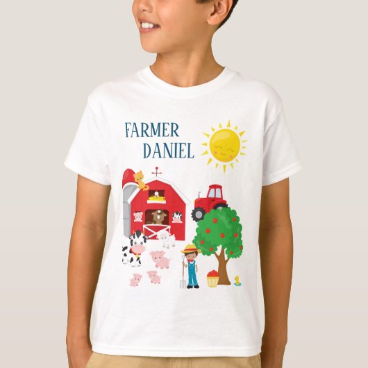 Cute Cartoon Barnyard Animals, Farmer en Tractor T-shirt (Voorkant)