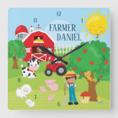 Cute Cartoon Barnyard Animals, Farmer en Tractor Vierkante Klok (Voorkant)