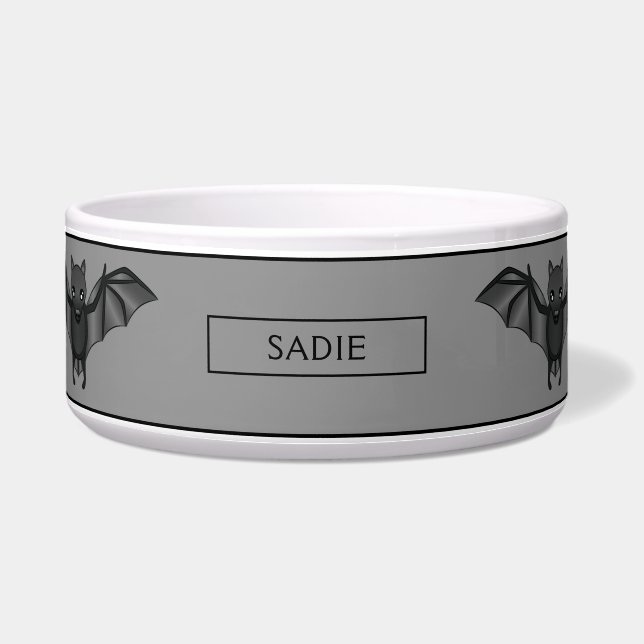 Cute Cartoon Bat Halloween Illustratie & Naam Voerbakje (Voorkant)