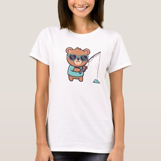 Cute Cartoon Bear Fishing T-Shirt – Funny Sunglass (Voorkant)