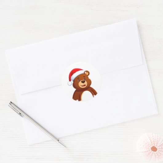 Cute Cartoon Bear in Santa Hat With Christmas Tree Ronde Sticker (Envelop)