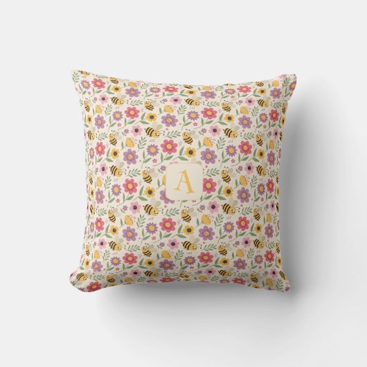 Cute cartoon bee coral pink pattern monogram kussen (Voorkant)