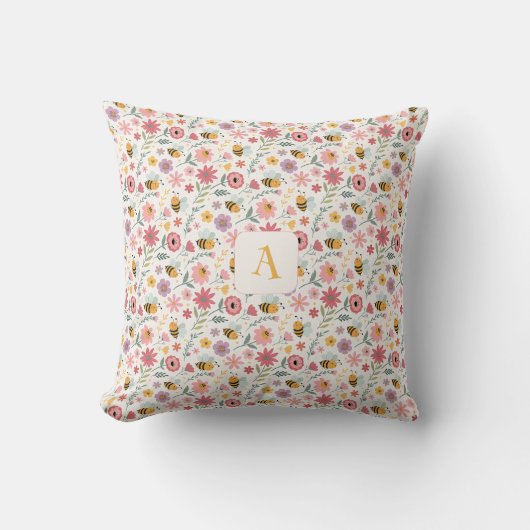 Cute cartoon bee flower pink pattern monogram kussen (Voorkant)