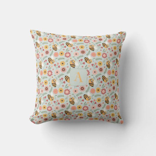 Cute cartoon bee flower yellow pattern monogram kussen (Voorkant)