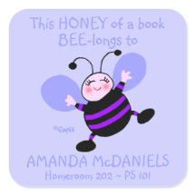 Cute Cartoon Bee Schoolbook Name Labels Paars