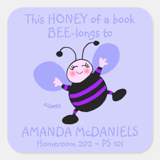 Cute Cartoon Bee Schoolbook Name Labels Paars (Voorkant)