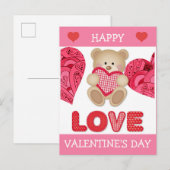 Cute Cartoon Beer Roze rode harten Valentijnsdag Briefkaart (Voorkant / Achterkant)