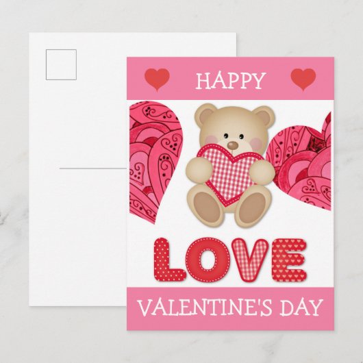 Cute Cartoon Beer Roze rode harten Valentijnsdag Briefkaart (Voorkant / Achterkant)