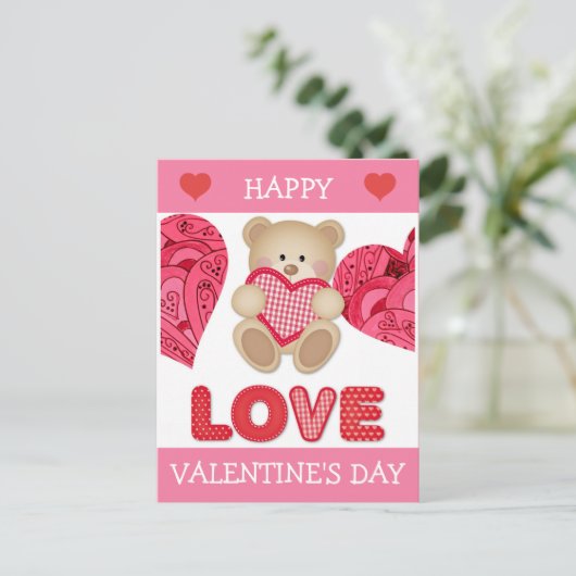 Cute Cartoon Beer Roze rode harten Valentijnsdag Briefkaart (Staand voorkant)