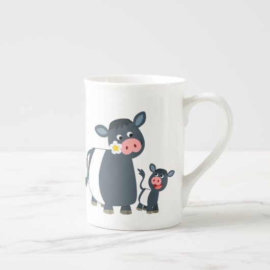 Cute Cartoon Belted Galloway Koe and Calf Porselein Kop (Rechts)