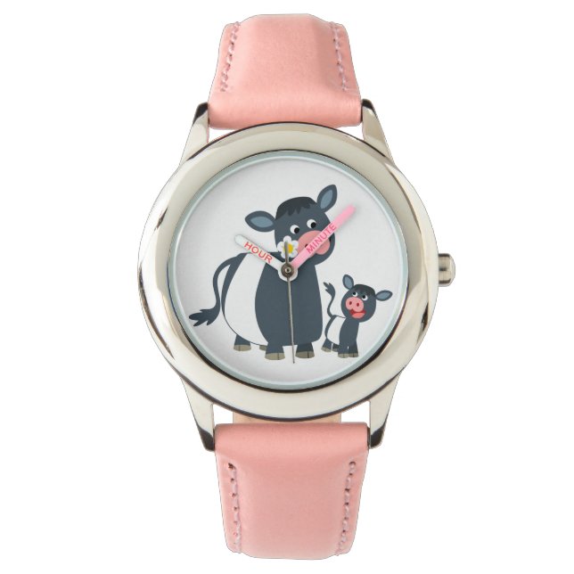 Cute Cartoon Belted Galloway Koe en Calf Watch Horloge (Voorkant)