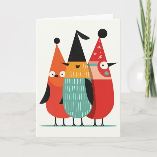 Cute Cartoon Birds Retro Merry Christmas Photo Feestdagen Kaart (Voorkant)