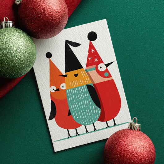 Cute Cartoon Birds Retro Merry Christmas Photo Feestdagen Kaart