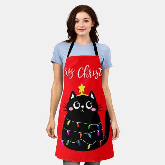Cute cartoon black cat Christmas tree Schort (Gedragen)