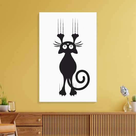 Cute Cartoon Black Cat Scratching Canvas Afdruk (Insitu (Woonkamer))