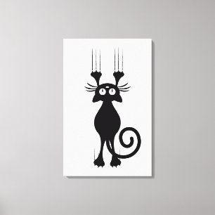 Cute Cartoon Black Cat Scratching Canvas Afdruk