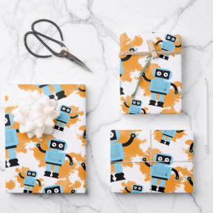 Cute Cartoon Blue Robot Oranje Waterverf Splash Inpakpapier Vel