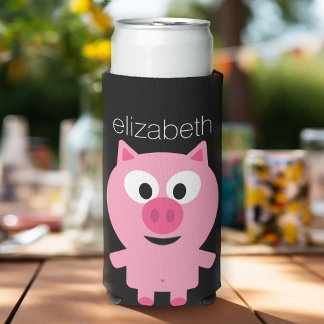 Cute Cartoon Boerderij Pig. - Roze en zwart Seltzer Blikjeskoeler