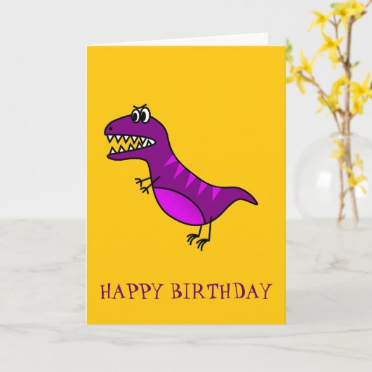 Cute cartoon boos paarse dinosaurus kaart (Gele Bloem)