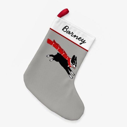 Cute Cartoon Boston Terrier Happy Dog Holiday Kleine Kerstsok (Voorkant (Hangend))