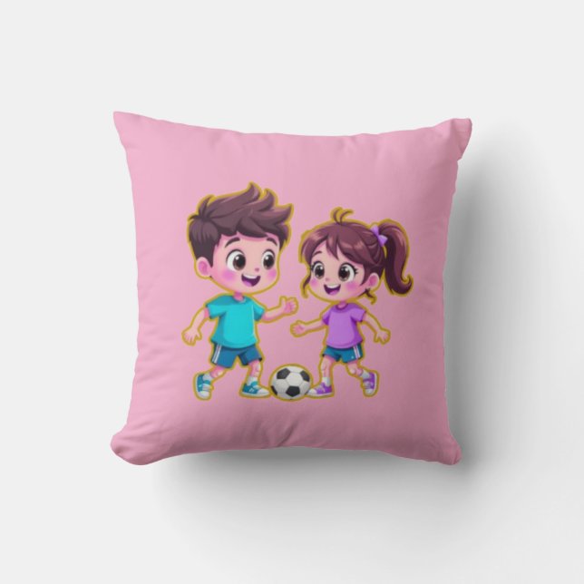 Cute Cartoon Boy and Girl Playing Soccer Together  Kussen (Voorkant)