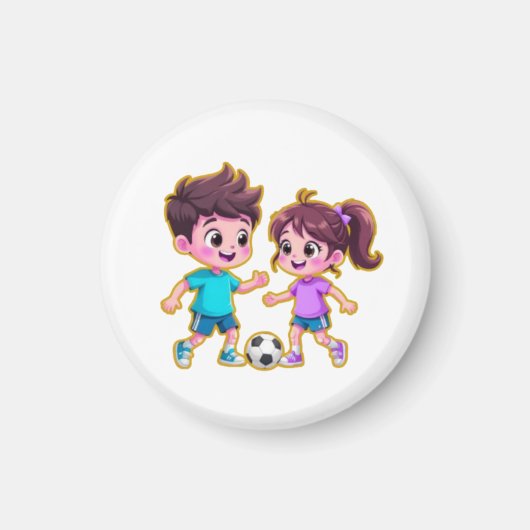 Cute Cartoon Boy and Girl Playing Soccer Together  Magneet (Voorkant)