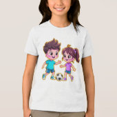 Cute Cartoon Boy and Girl Playing Soccer Together  Tri-Blend Shirt (Voorkant)