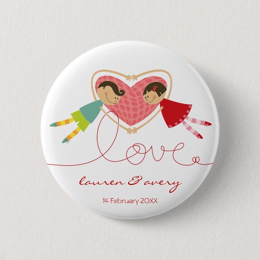 Cute Cartoon Boy Girl Love Engaged Wedding Button (Voorkant)
