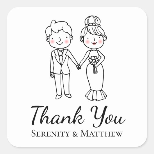 Cute Cartoon Bride Groom Black White Thank You Vierkante Sticker (Voorkant)