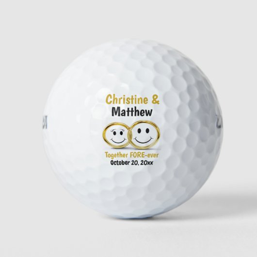 Cute Cartoon Bride Groom Gold Wedding Ring Favor Golfballen (Voorkant)