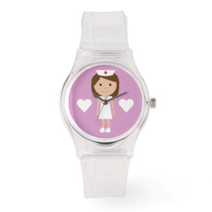 Cute Cartoon Brown Hair Nurse & Hearts Pink Horloge
