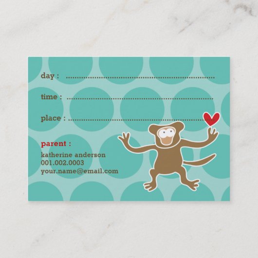 Cute Cartoon Brown Monkey Foto Kind Play Date Contactkaartje (Achterkant)