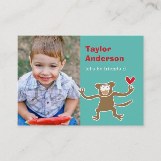 Cute Cartoon Brown Monkey Foto Kind Play Date Contactkaartje (Voorkant)