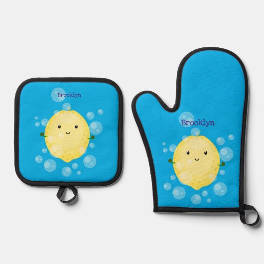 Cute cartoon bubbles afbeelding ovenwant & pannenlap set (Voorkant)