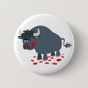 Cute Cartoon Bull en Red Bloom Button Badge