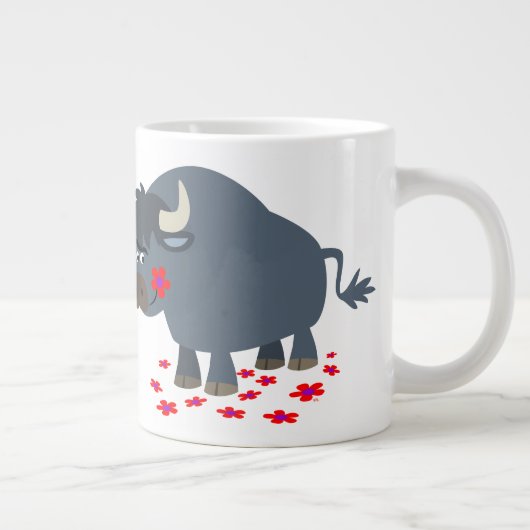 Cute Cartoon Bull en Red Bloom Jumbo Mok (Rechts)