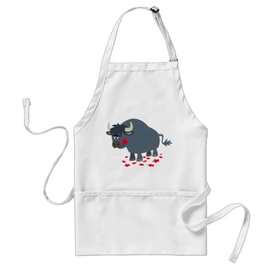 Cute Cartoon Bull en Red Bloom Koking Schort (Voorkant)