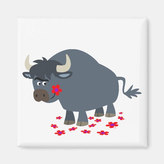Cute Cartoon Bull en Red Bloom Magnet (Voorkant)