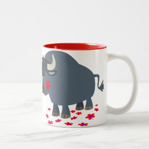 Cute Cartoon Bull en Red Bloom Mok