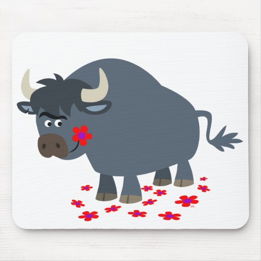 Cute Cartoon Bull en Red Bloom Mousepad Muismat (Voorkant)