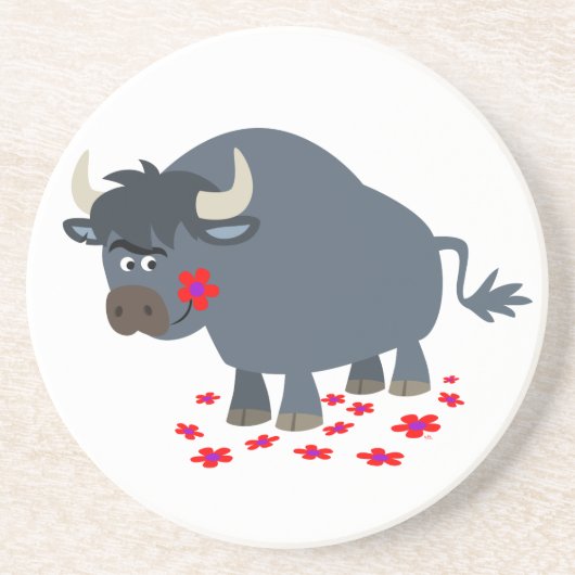 Cute Cartoon Bull en Red Bloom Onderzetter (Voorkant)