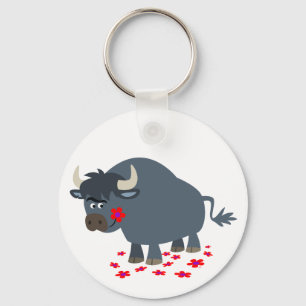 Cute Cartoon Bull en Red Bloom Sleutelhanger