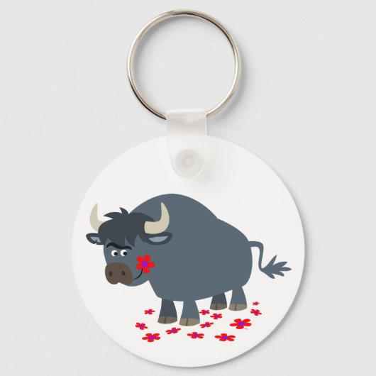 Cute Cartoon Bull en Red Bloom Sleutelhanger (Voorkant)