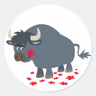 Cute Cartoon Bull en Red Bloom Sticker