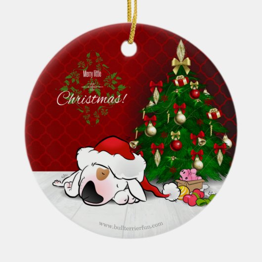 Cute Cartoon Bull Terrier Kerstversier Keramisch Ornament (Voorkant)