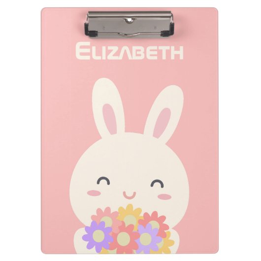Cute Cartoon Bunny Flowers Custom Name Pastel Pink Klembord (Voorkant)