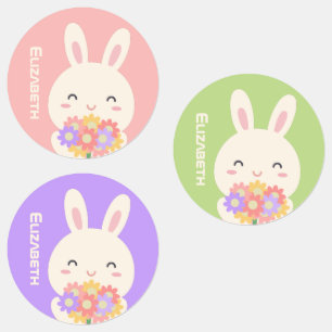Cute Cartoon Bunny Flowers Custom Name Pastel Pink Labels