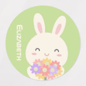 Cute Cartoon Bunny Flowers Custom Name Pastel Pink Labels (Design 2)