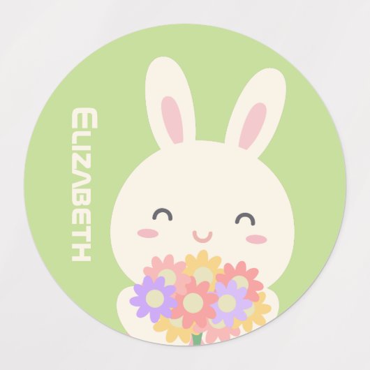 Cute Cartoon Bunny Flowers Custom Name Pastel Pink Labels (Design 2)