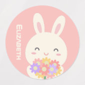 Cute Cartoon Bunny Flowers Custom Name Pastel Pink Labels (Design 1)